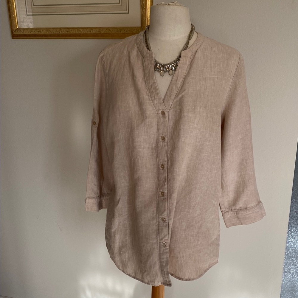 Women's vintage natural linen Button-Up Top, L